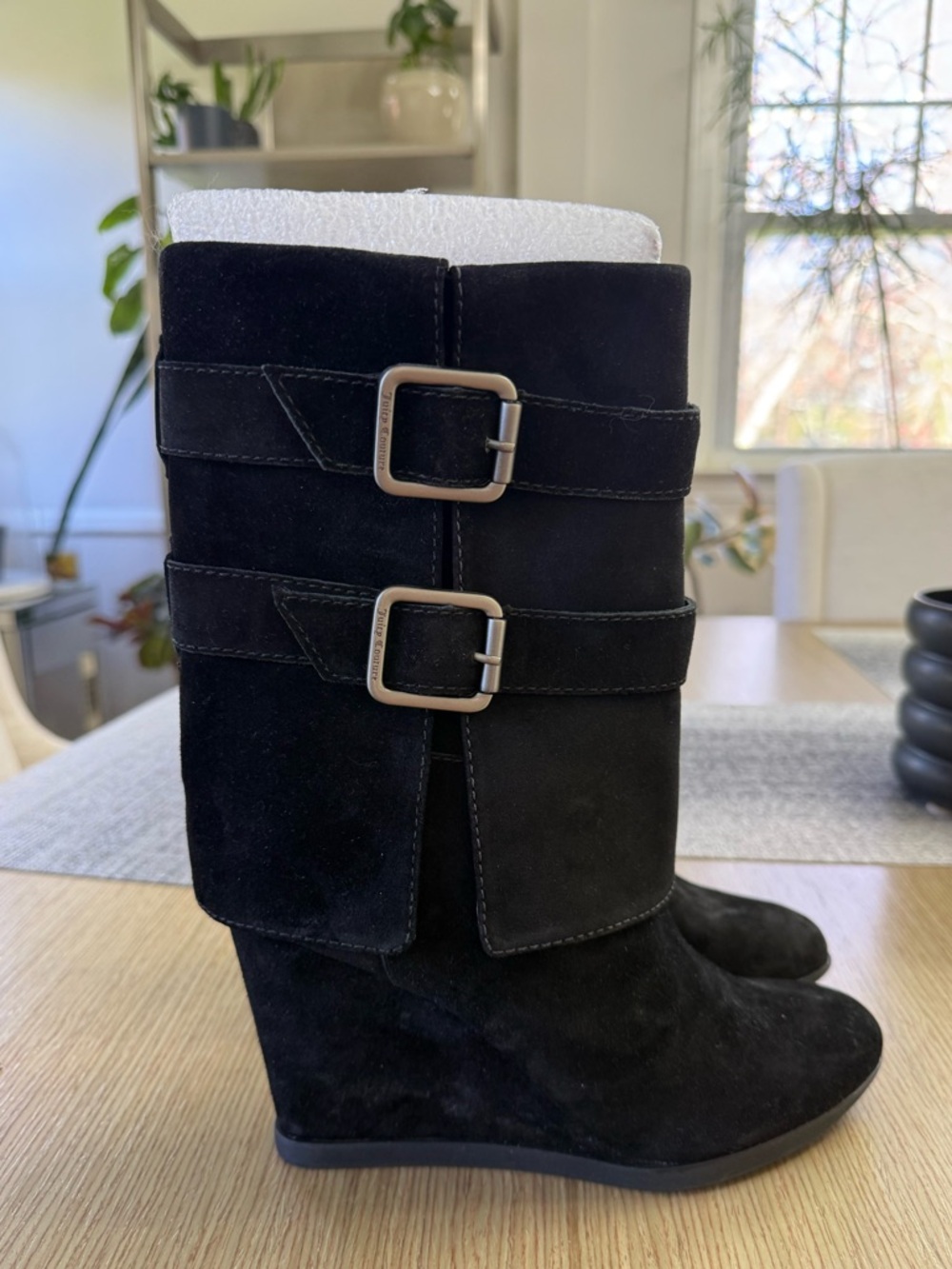Juicy Couture Women's Black Suede Dale Boots with Buckle Accents